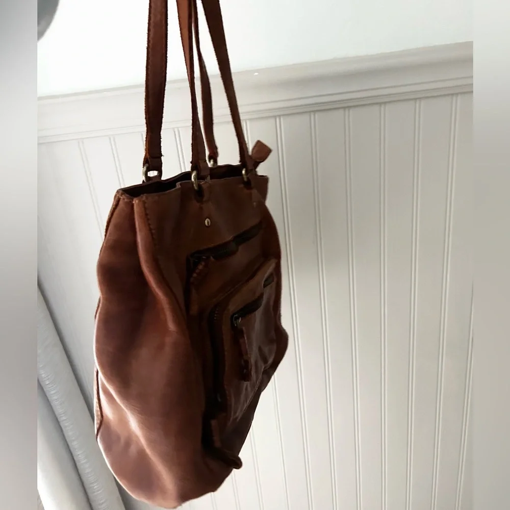 Genuine Leather Cognac Brown Shoulder Tote Bag 2 Front Zipper